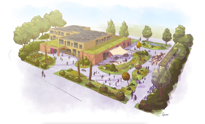 Artist impression circulaire school Zwanenburg met schoolplein en spelende kinderen