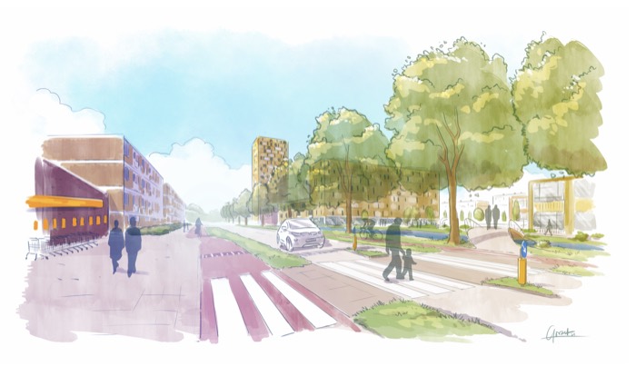 Artist impressions wijkvisie deelgebieden Florabuurt met groen en stedelijke infrastructuur