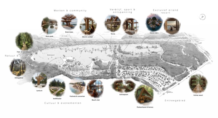 Handgetekende schets leisure concept E3 Park met paviljoens en waterpartij