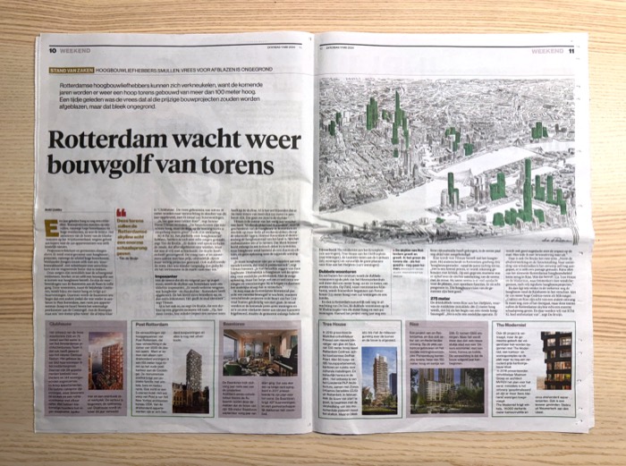 Toekomstbeeld hoogbouw Rotterdam, illustratie voor artikel in Algemeen Dagblad