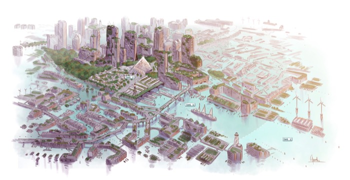Toekomstscenario Rotterdam 2060 met overstroomd landschap door klimaatverandering