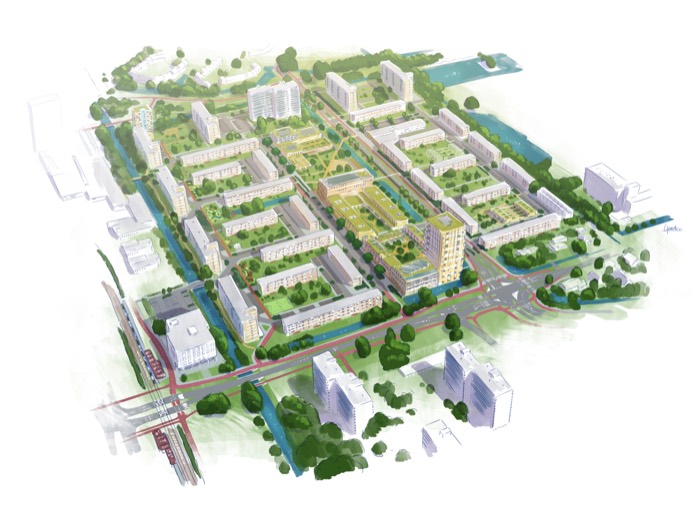 Vogelvluchtperspectief gebiedsvisie Florabuurt met woonblokken, groen en waterstructuur
