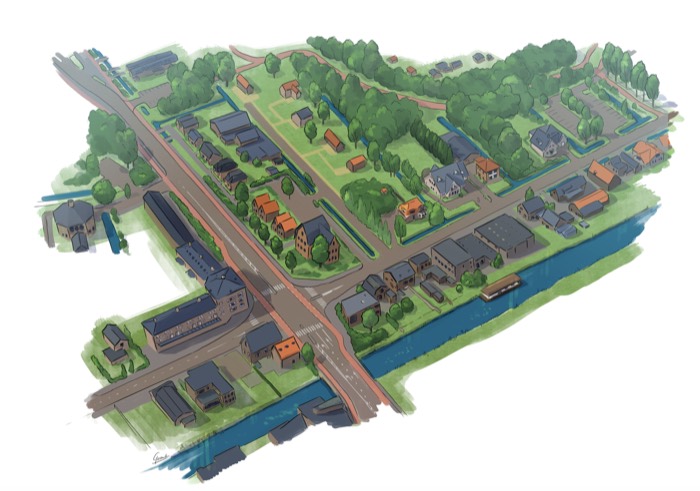 Vogelvluchttekening Landelijk Capelle met contrast tussen landschap en stedelijke ontwikkeling