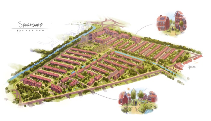 Vogelvluchtvisualisatie wijkvernieuwing Sportdorp Rotterdam met bestaande en nieuwe bebouwing, groen en wegen